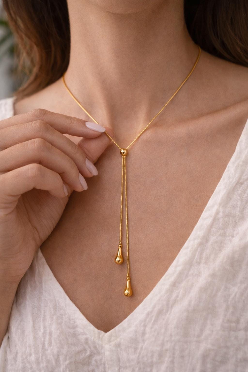 18K Gold Plated Y Lariat Necklace – Adjustable Stainless Steel Drop Pendant