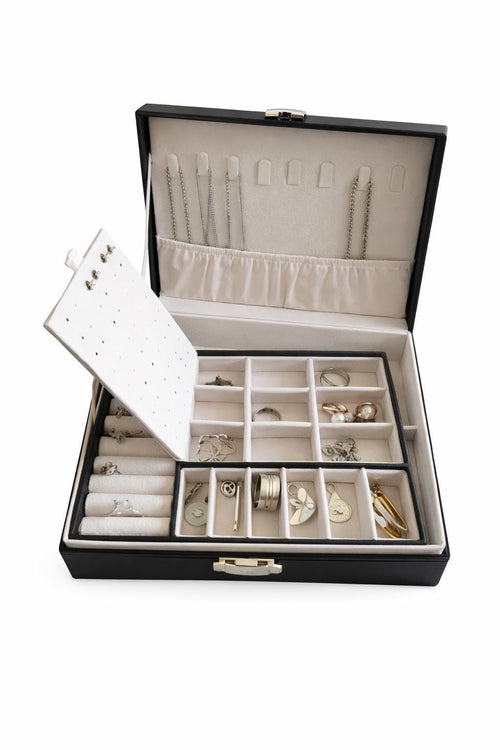 Custom Leather Jewelry Storage Box – Double Layer Travel Organizer for Women