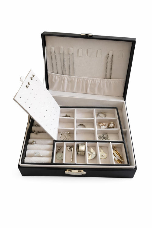 Custom Leather Jewelry Storage Box – Double Layer Travel Organizer for Women