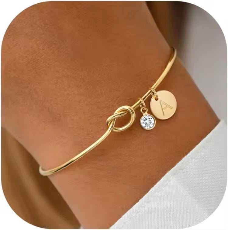 Love Knot Bracelet – Cuff Bangle with Initial & Birthstone Charm