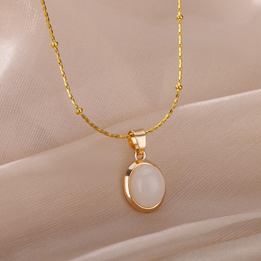Oval Opal Pendant Necklace – Gold Color Stainless Steel Jewelry for Women, Elegant Gift