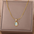Oval Opal Pendant Necklace – Gold Color Stainless Steel Jewelry for Women, Elegant Gift