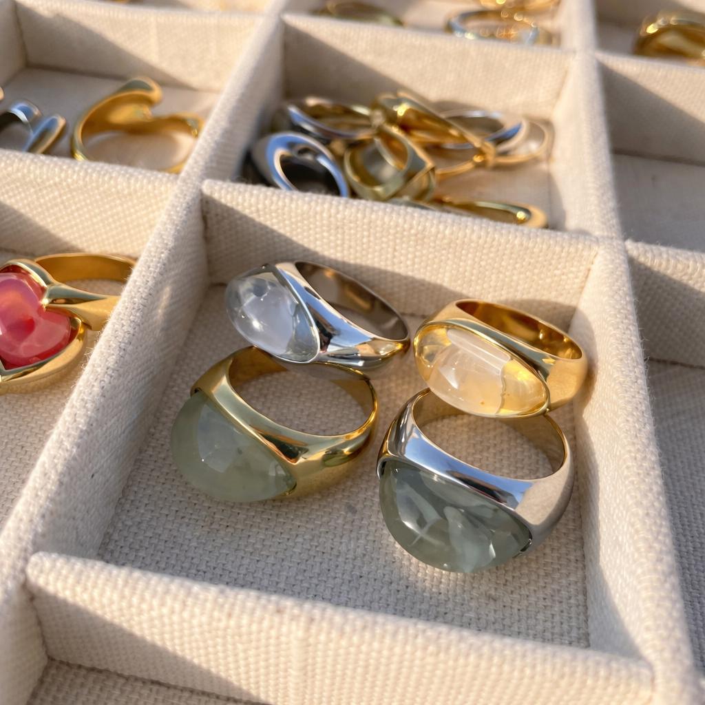 Retro Jelly Heart Cabochon Ring – Stainless Steel Gold or Silver Chunky Statement Ring