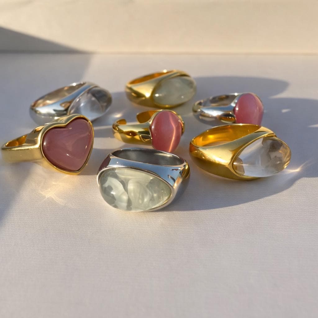 Retro Jelly Heart Cabochon Ring – Stainless Steel Gold or Silver Chunky Statement Ring