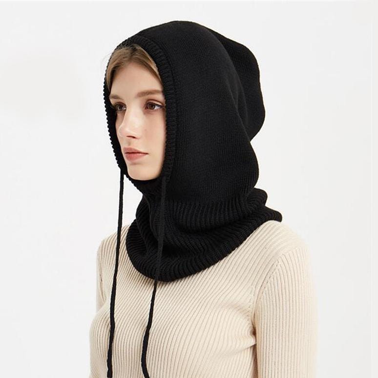 Winter Wool Balaclava Hat – Handwoven Tatting Hooded Scarf, Warm Knit Hood Neck Warmer