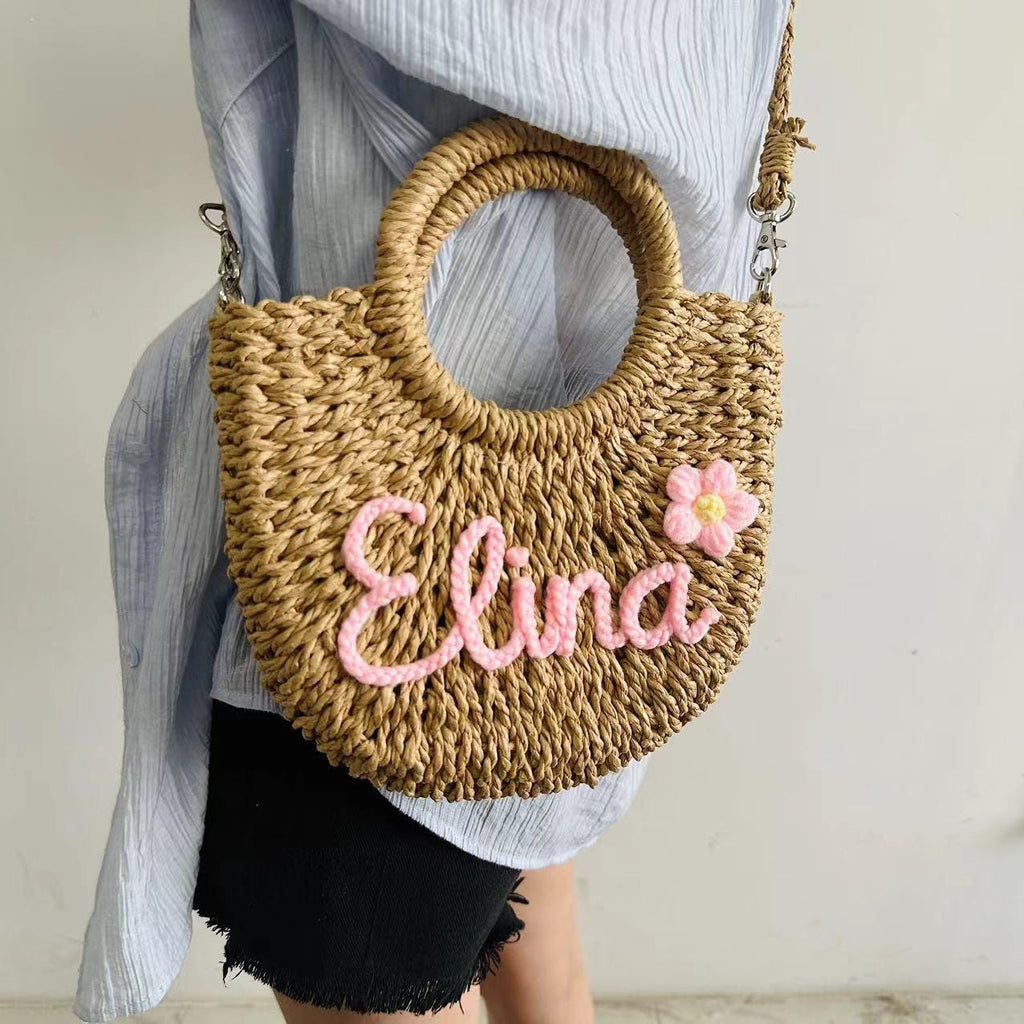 Personalized Straw Tote Bag with Letter Patch – Seaside Vacation Woven Crossbody Handbag