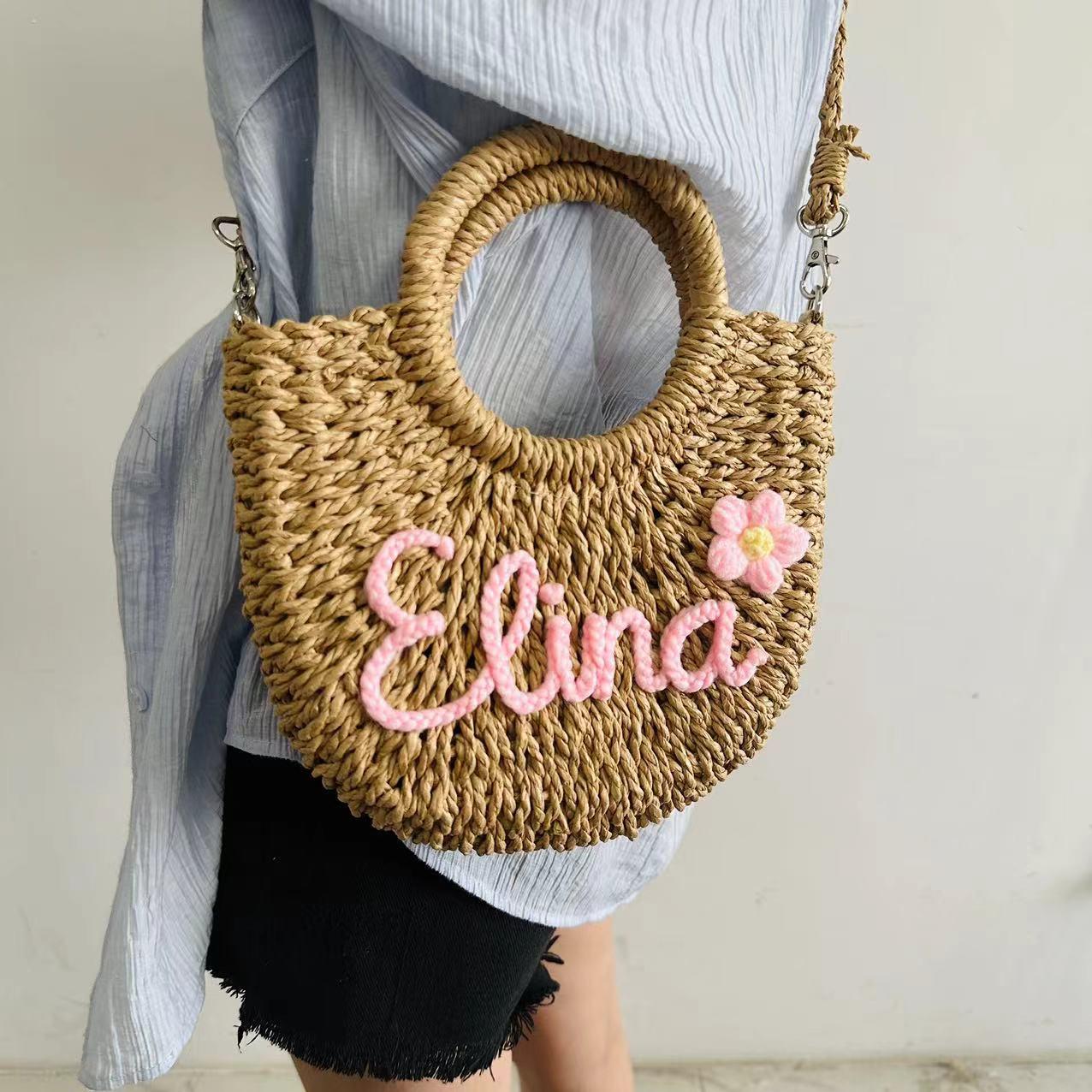 Personalized Straw Tote Bag with Letter Patch – Seaside Vacation Woven Crossbody Handbag