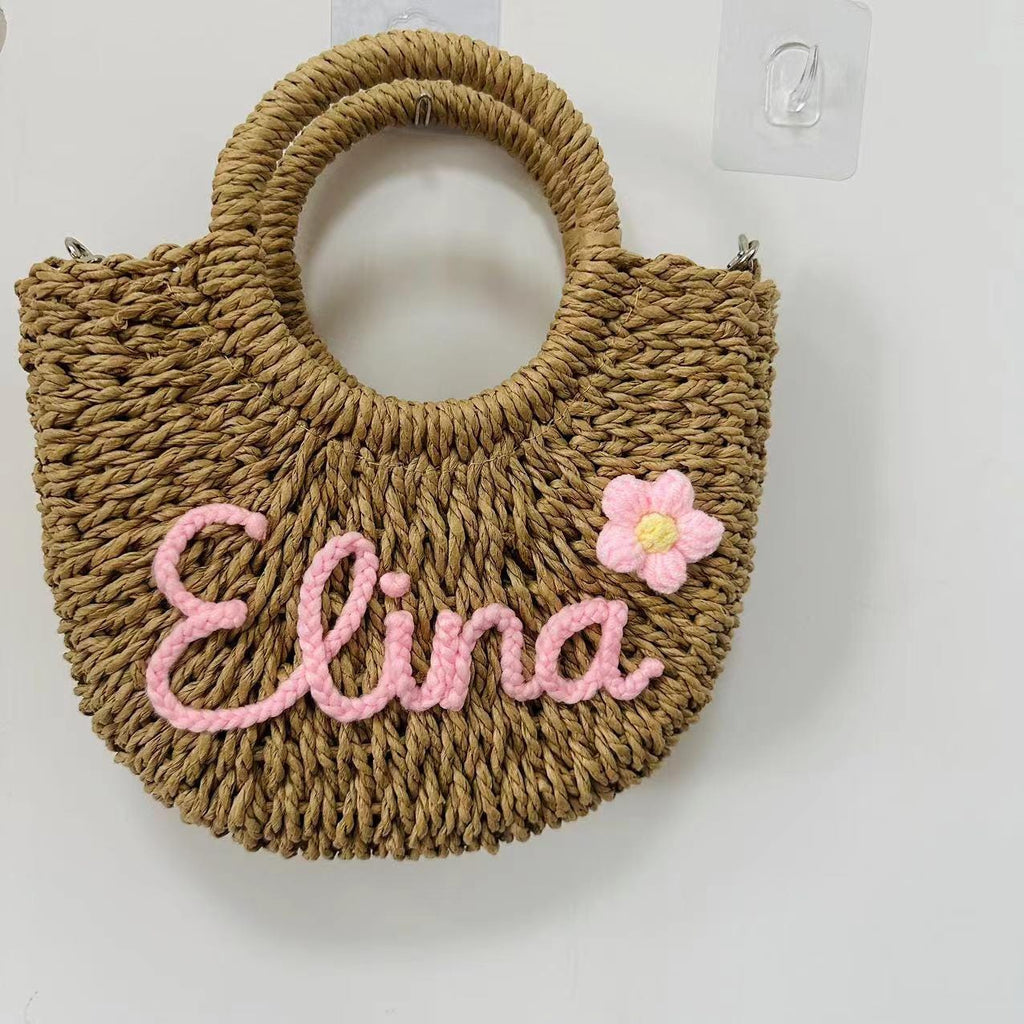Personalized Straw Tote Bag with Letter Patch – Seaside Vacation Woven Crossbody Handbag
