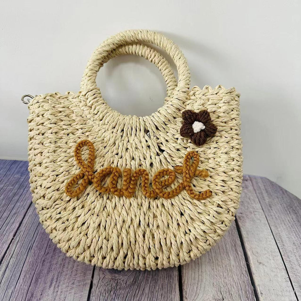 Personalized Straw Tote Bag with Letter Patch – Seaside Vacation Woven Crossbody Handbag