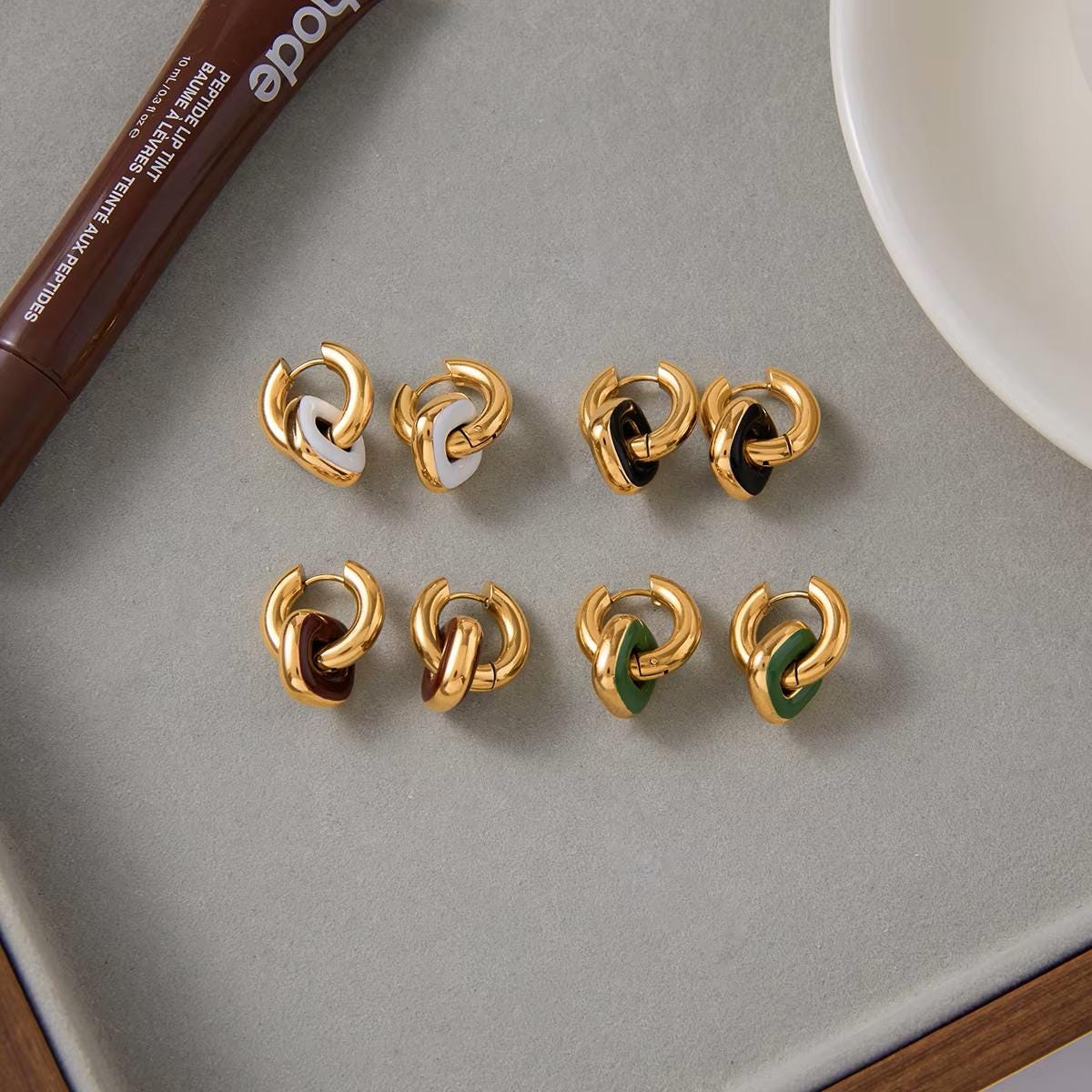 Modern Gold and Brown Hoop Earrings Double Layer Statement Jewelry for Her