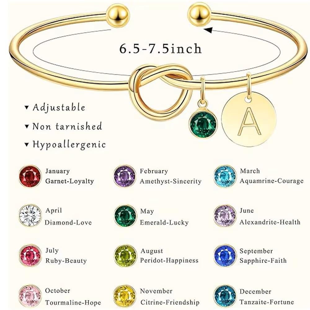 Love Knot Bracelet – Cuff Bangle with Initial & Birthstone Charm