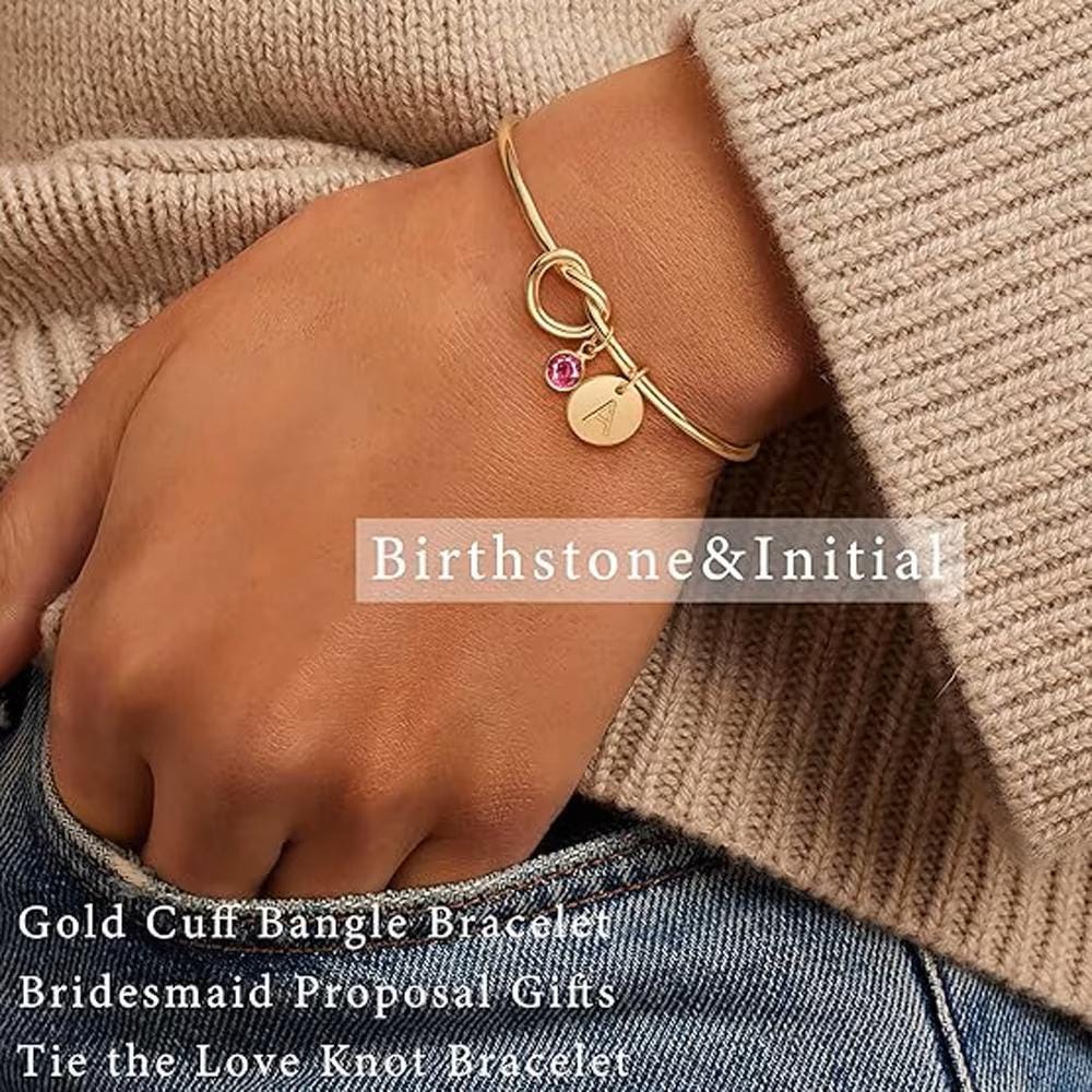 Love Knot Bracelet – Cuff Bangle with Initial & Birthstone Charm