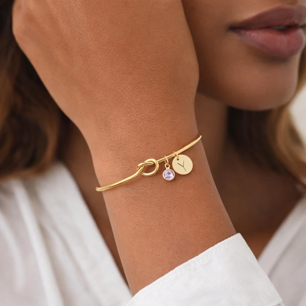 Love Knot Bracelet – Cuff Bangle with Initial & Birthstone Charm
