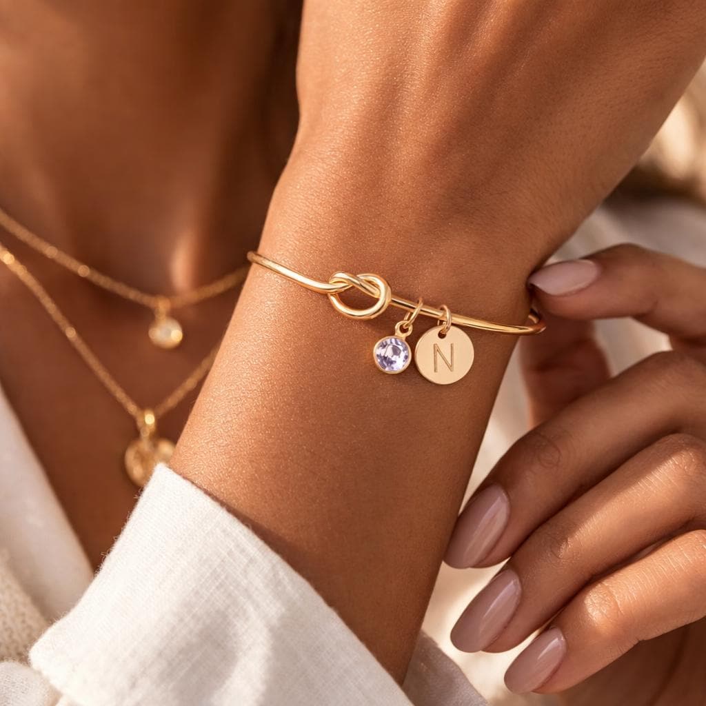 Love Knot Bracelet – Cuff Bangle with Initial & Birthstone Charm
