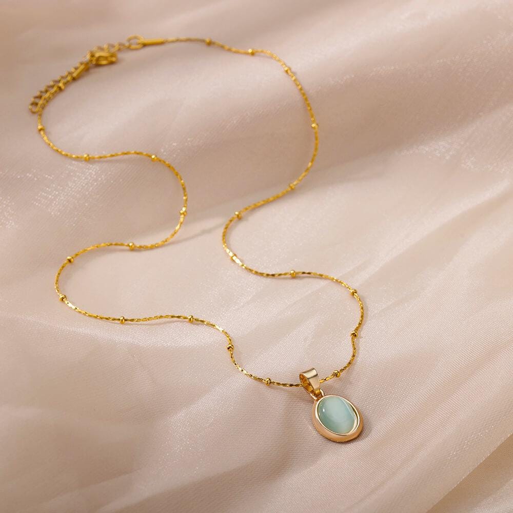 Oval Opal Pendant Necklace – Gold Color Stainless Steel Jewelry for Women, Elegant Gift