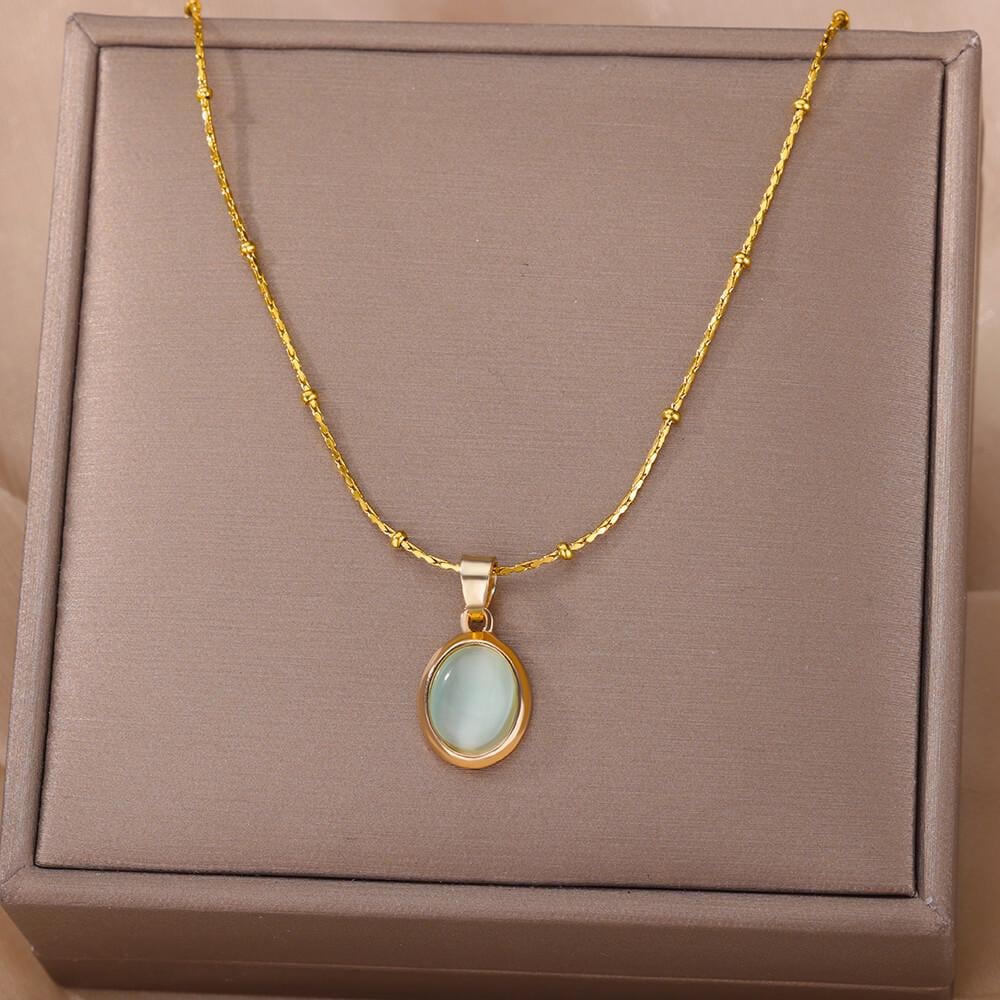 Oval Opal Pendant Necklace – Gold Color Stainless Steel Jewelry for Women, Elegant Gift
