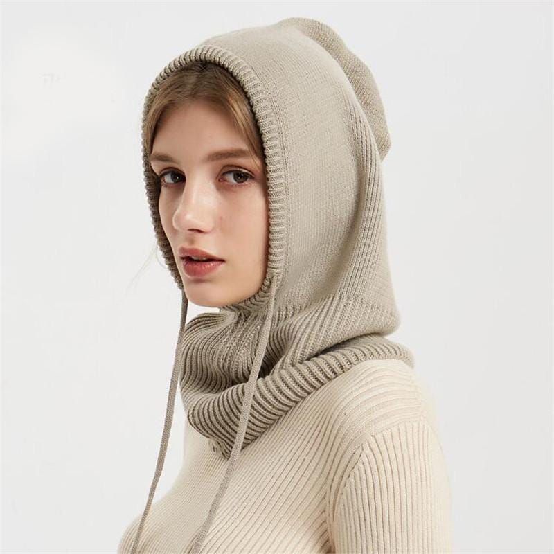 Winter Wool Balaclava Hat – Handwoven Tatting Hooded Scarf, Warm Knit Hood Neck Warmer