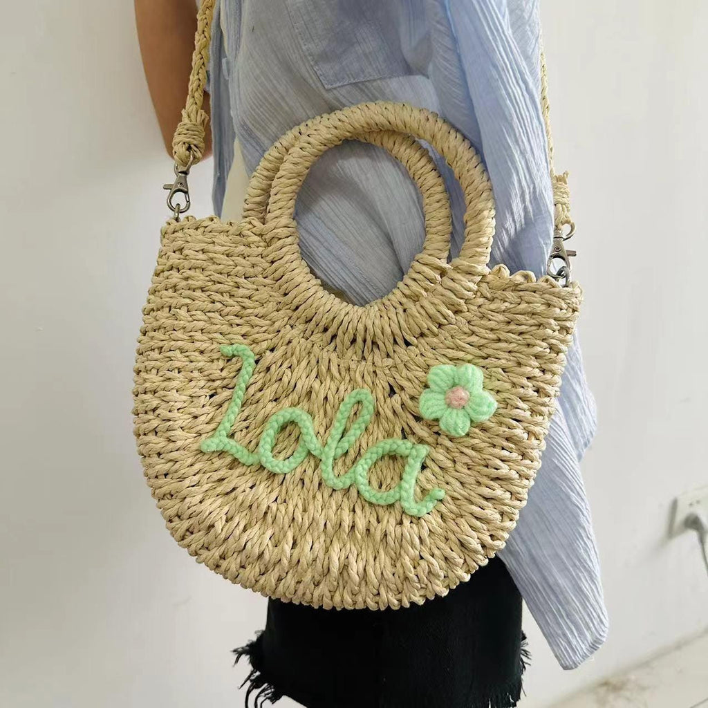 Personalized Straw Tote Bag with Letter Patch – Seaside Vacation Woven Crossbody Handbag