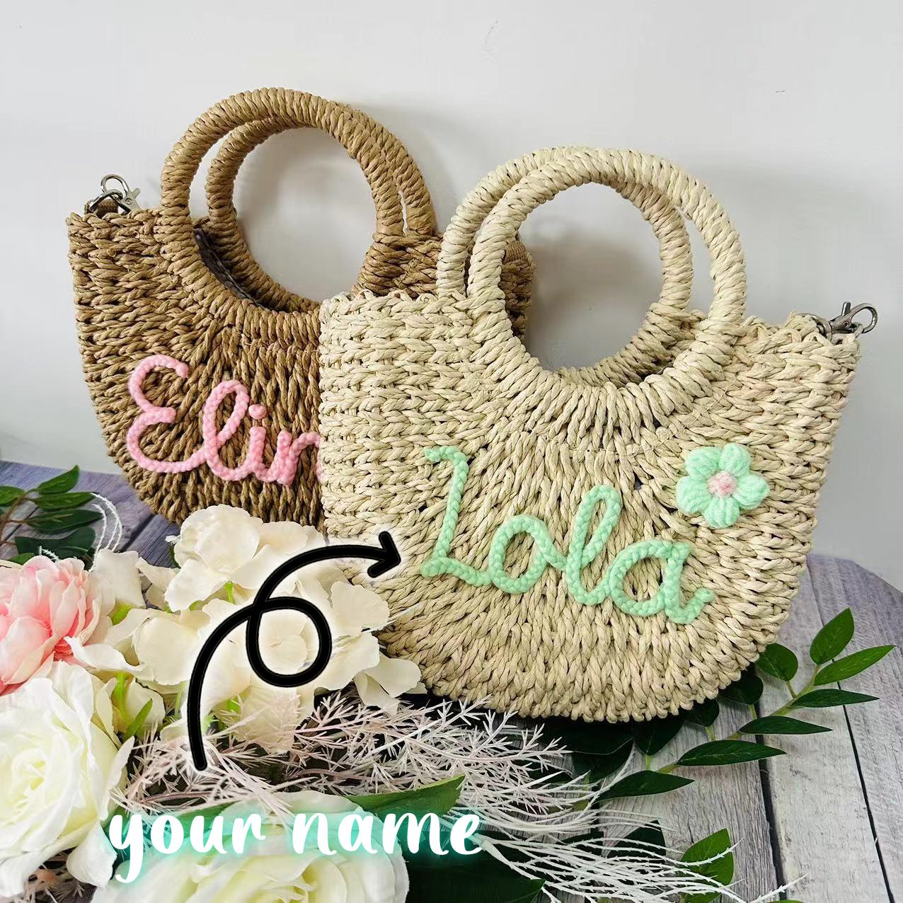 Personalized Straw Tote Bag with Letter Patch – Seaside Vacation Woven Crossbody Handbag
