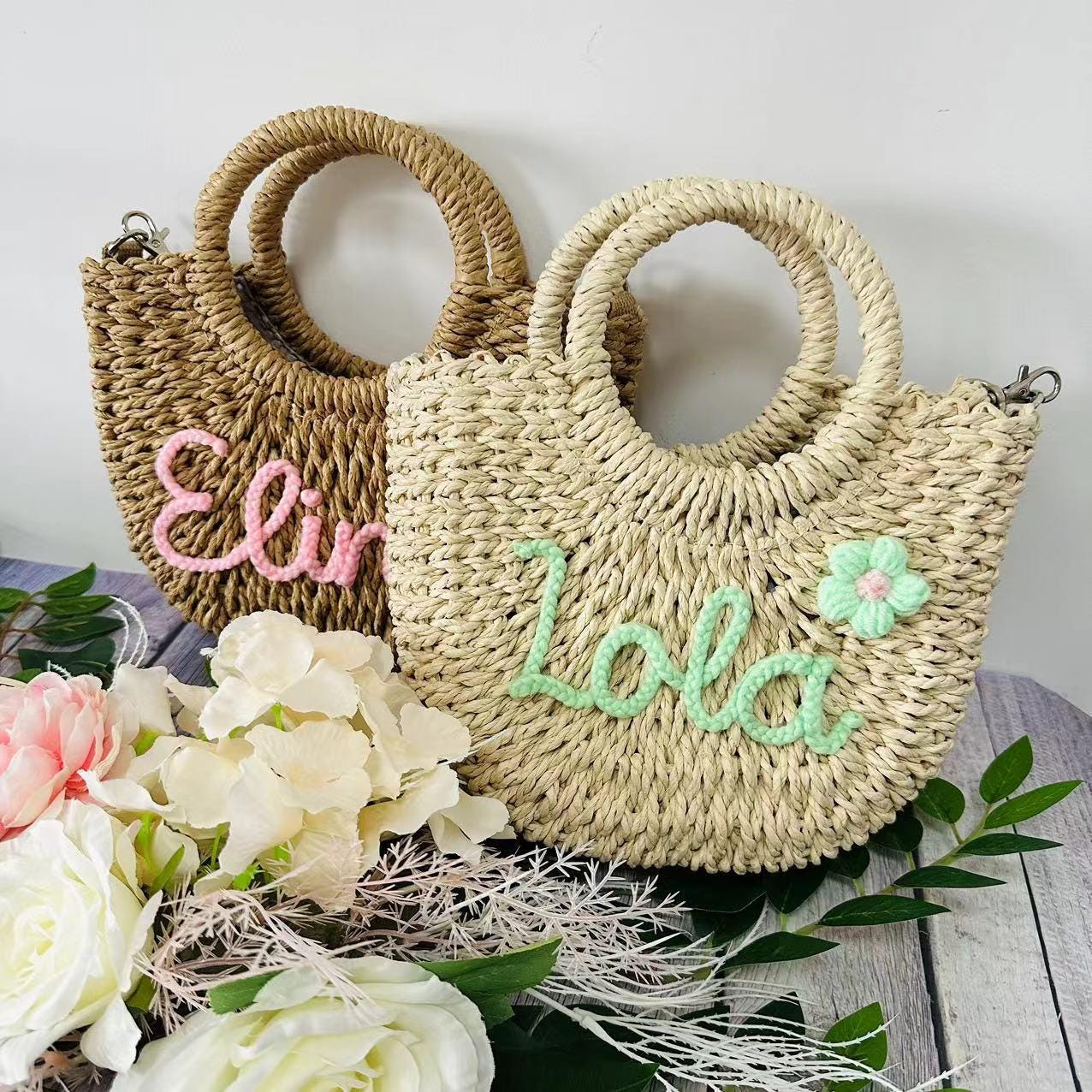 Personalized Straw Tote Bag with Letter Patch – Seaside Vacation Woven Crossbody Handbag