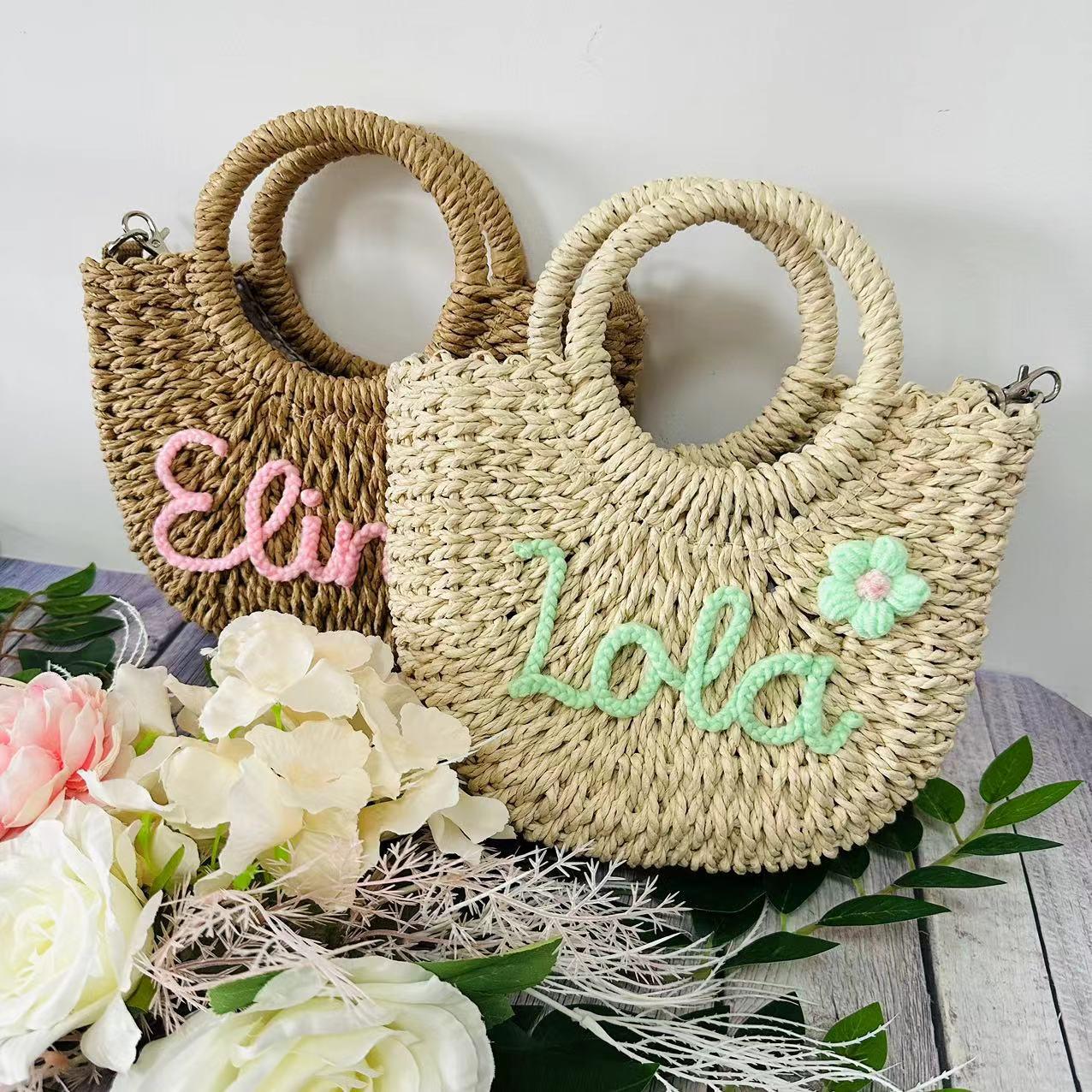 Personalized Straw Tote Bag with Letter Patch – Seaside Vacation Woven Crossbody Handbag