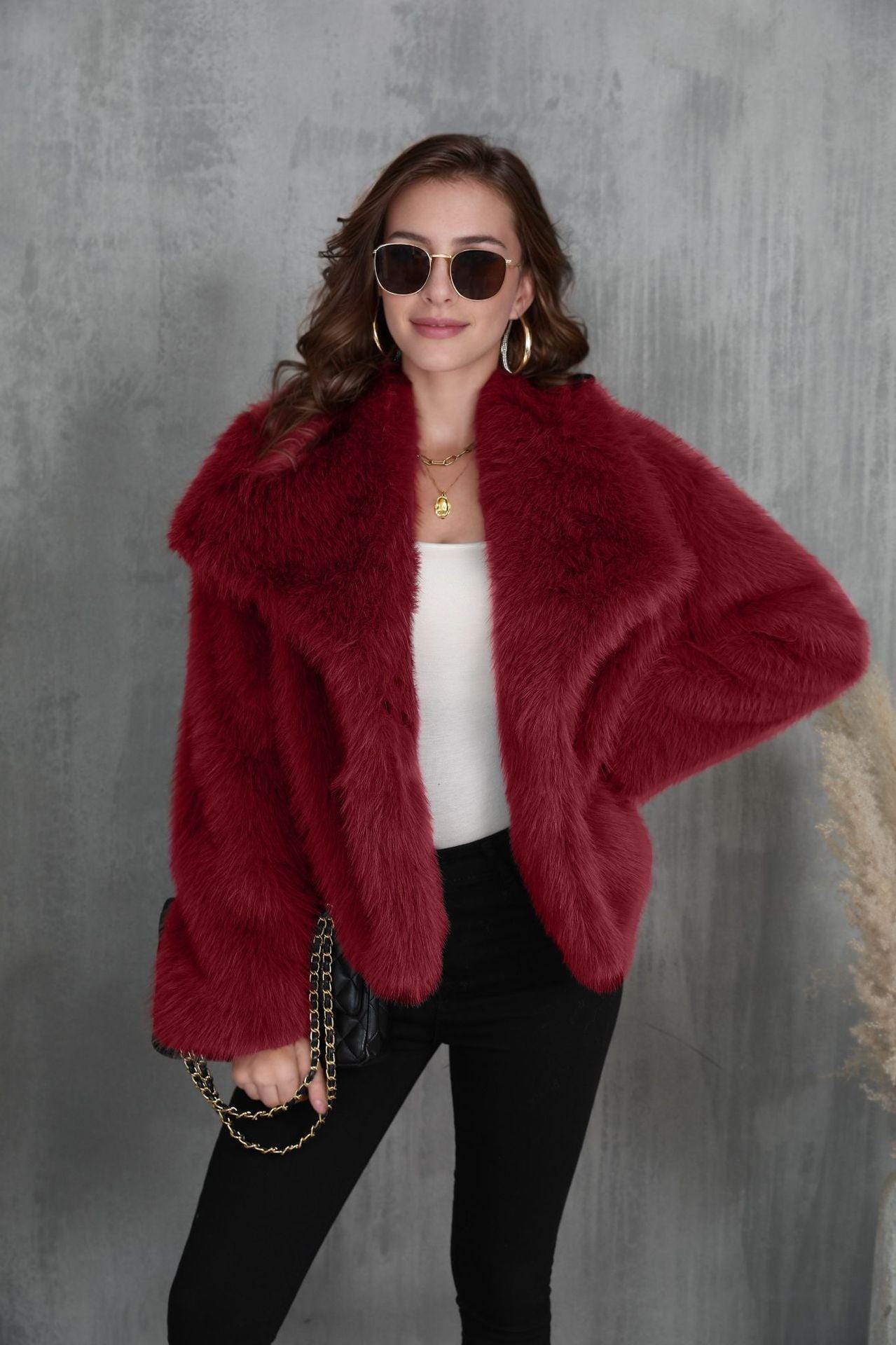 Luxury Women’s Faux Fur Jacket – Plush Soft Lapel Coat, Chic Winter Outerwear